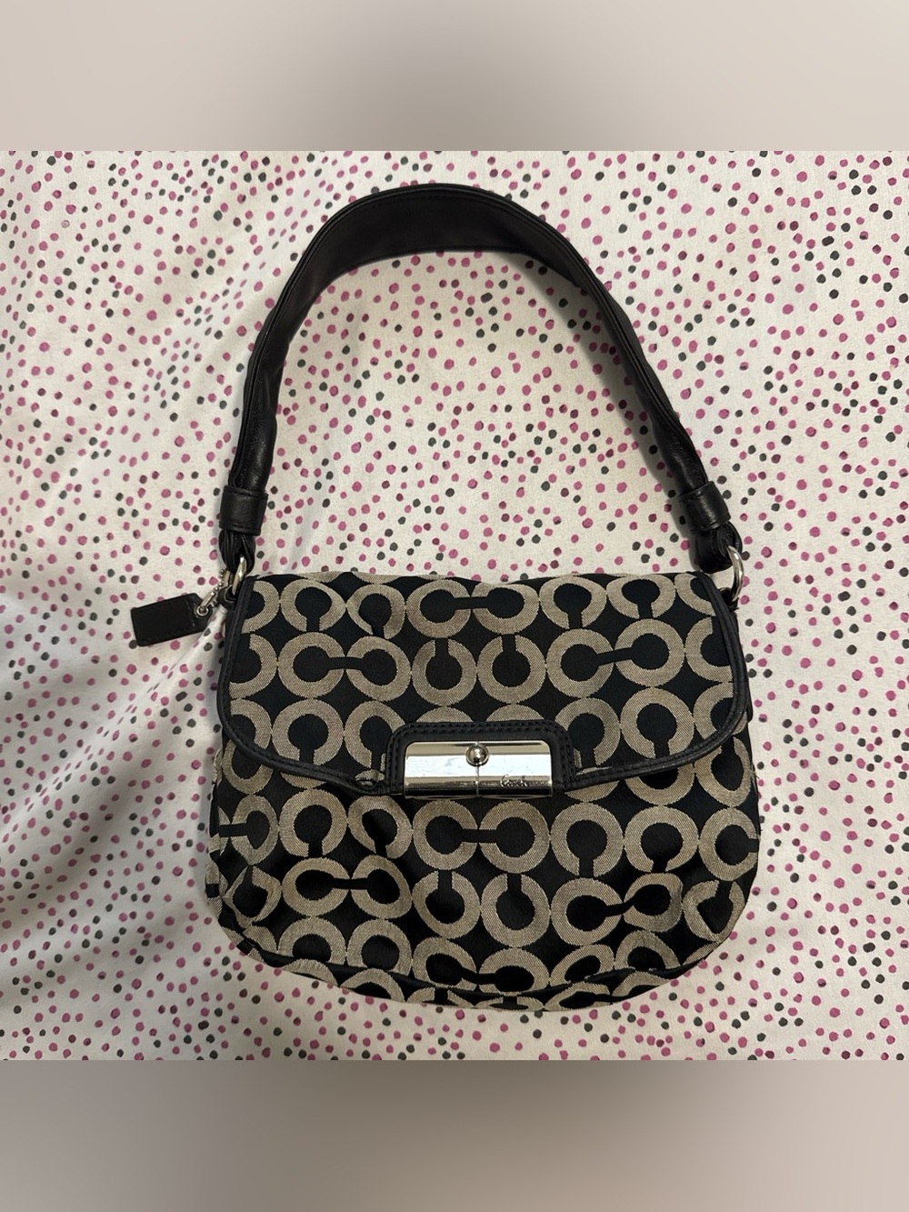 Coach Black and Khaki Signature Canvas Shoulder Bag with Leather Strap